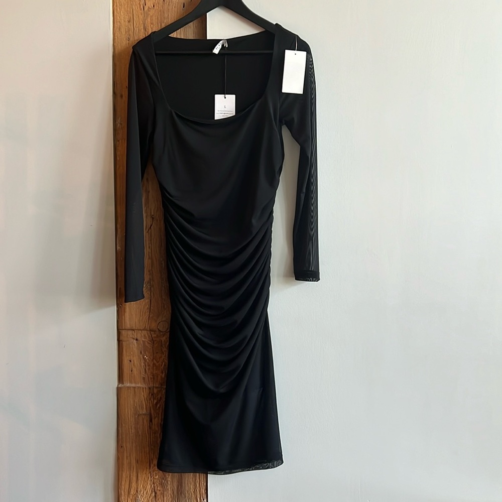 Black Square Neck Rouched Long Sleeve Mini Dress Mesh Overlay